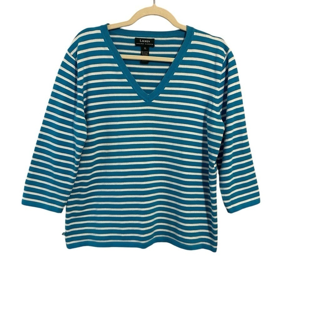Lauren Ralph Lauren Women's Blue Striped Cotton Blend Sweatshirt Size XL Preppy